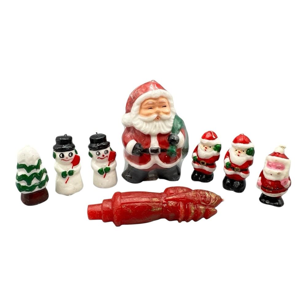 8 Vtg Christmas Figural Candles Santa Snowman‎ Tree Unburned Holiday Kitsch Lot